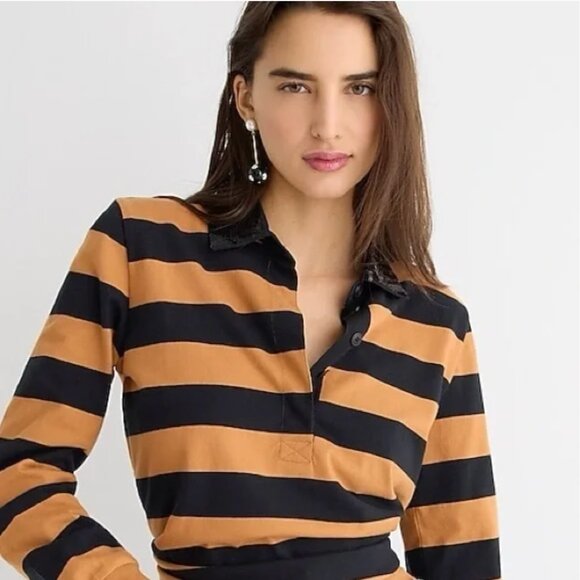 🎁 50% OFF Bundles 🎁 NWT J.Crew Sequin Collar Striped Rugby Top Black Stripe - Picture 2 of 8